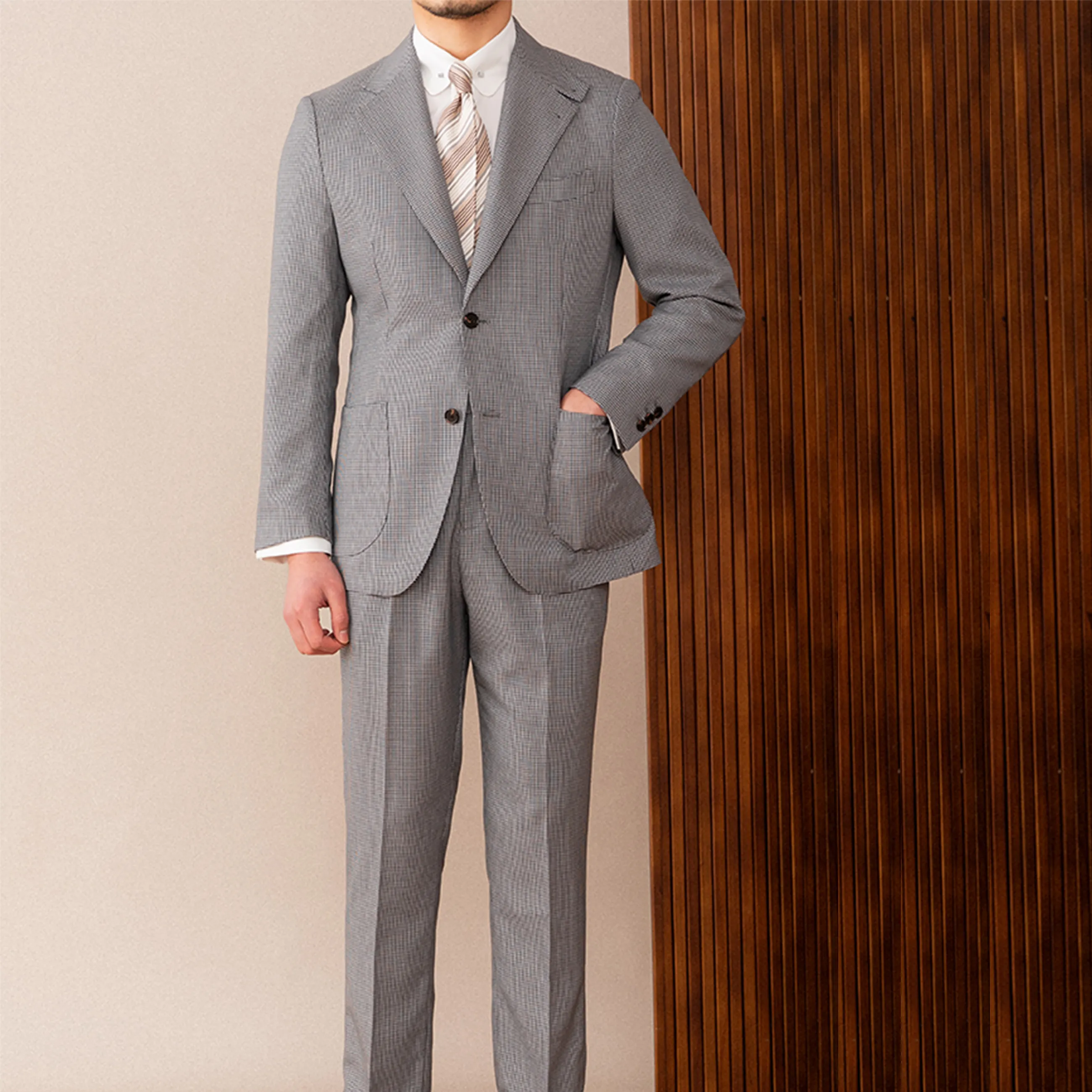 Özelleştirilmiş kumaş ekose tek göğüslü yün takım elbise İtalyan tarzı rahat erkek takım elbise iki parçalı set
