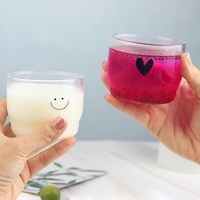 Verre à boisson court imprimé Smiley et Cœur, Tasse à jus et lait à base épaisse très tendance, Verre simple pour boissons froides et café à la maison