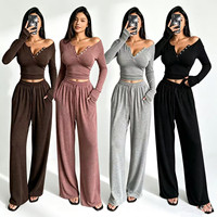 Pakaian Santai Wanita 2 Potong Atasan Crop Henley V-Neck Kancing Lengan Panjang Celana Panjang Pinggang Tinggi Tali Serut dengan Saku
