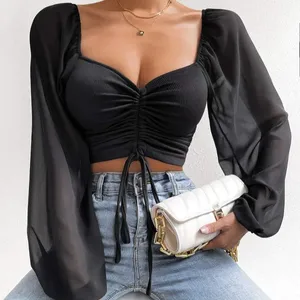 Blusa de manga larga Diseño Tight Crop Top Venta al por mayor Mujeres Sexy Casual Woven Chifón con cuello en V Cariño Cuello Cordón Negro