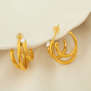 C-Shaped <b>Stud</b> Earrings Gold Rhinestone Geometric Design <b>Titanium</b> Steel Fashion Jewelry for Women - Product Image 1