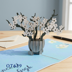 Carte de vœux artisanale Vietnam Blue Apricot Tree Pop, design floral personnalisé, 120x170mm, impression offset, papier, décoration intérieure - Product Image 1