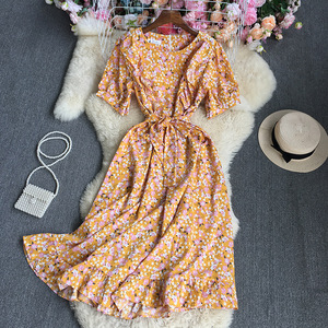 Robe décontractée à fleurs à manches courtes Robe tunique imprimée à col rond pour femmes Robe en mousseline de soie simple - Product Image 4