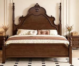 Premium Queen Size Solid Wood Carved Spindle <b>Bed</b> With Ornate Tall Headboard For Vintage Bedroom - Product Image 5