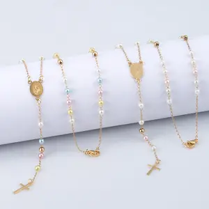 Delicato 20 pollici simulato catena di perline croce vergine maria rosario V collana per le donne ragazze adolescenti