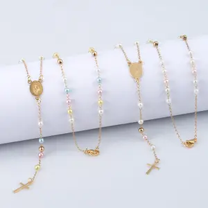 Délicat 20 pouces Simulé Perle Perlée Chaîne Croix Vierge Marie Chapelet V Collier pour Femmes Adolescentes Filles