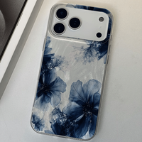 Coque de téléphone minimaliste motif fleur bleu foncé style aquarelle pour iPhone 17 Air 16 15 14 Pro Max, coque de protection souple antichoc macroporeuse