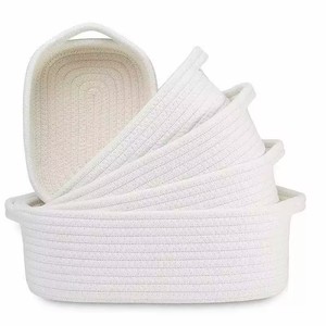 White Cotton <b>Rope</b> Woven <b>Storage</b> <b>Baskets</b> Set Of 5 Rectangle Handmade Toy Organizer For Children And Snacks - Product Image 5