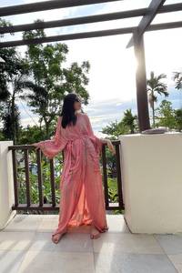 Tie Dye Pink Printed Chiffon Maxi <b>Dress</b> With Belt <b>Loose</b> V-Neck Long Sleeve Boho Style Summer Casual Wear For Women - Product Image 6