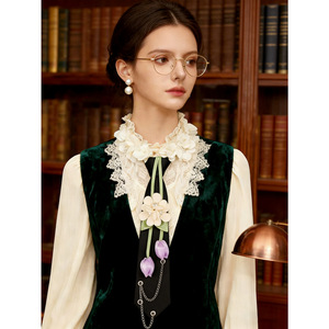 Corbata decorada con flores de tulipán para mujer, accesorio de uniforme JK, corbata sin nudos con cadena y perlas - Product Image 2