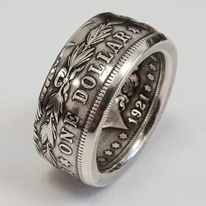 SC Retro Silver 10mm Thicken Chunky Band Rings Personalized Engraved United States Emblem Motto One Dollar Coin Rings for Men