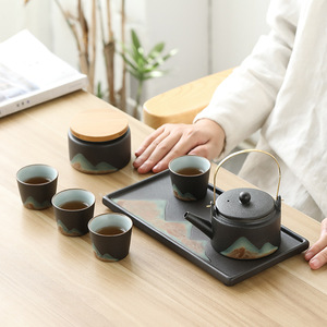 Ceramica nera Kung Fu tea <span class=keywords><strong>set</strong></span> semplice ufficio teiera da tè con vassoio da tè a secco trave di sollevamento <span class=keywords><strong>set</strong></span> bollitore regalo viaggio - Product Image 2