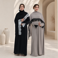 Abaya noire unie Loriya, style Dubaï, avec dentelle, ensemble 2 pièces avec hijab assorti, abaya modeste Nida, robe musulmane pour femmes