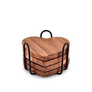 Ensemble de 4 dessous-de-verre en bois d'acacia en forme de cœur avec support, tapis de table réutilisables, sous-verres pour café, thé, boissons, tasses, sets de table - Product Image 2