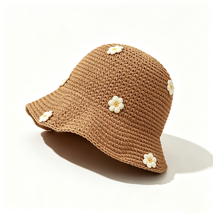 Sombrero de Pescador Tejido a Crochet para Mujer, Diseño a Rayas con Flores 3D, Transpirable, para Verano, Pesca, Viajes y Uso Casual - Product Image 2