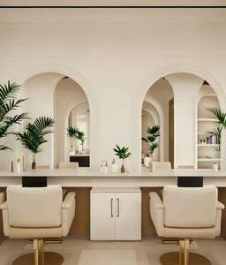 Cream Style Hair Salon Interior 3D Design Barbershop Styling Station Eco-Friendly Beauty Salon Furniture <b>LED</b> <b>Mirror</b> Custom Full - Product Image 3