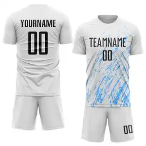 Brand New Custom Branco Preto-luz Azul Sublimação Futebol Jerseys Fabricantes de Roupas Futebol Desgaste Gráfico Uniforme De Futebol