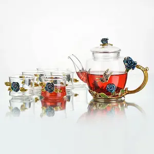 Creative Hand-painted Heat-resistant Flower Decoration Glass Enamel Teapot with Glass Enamel Mug