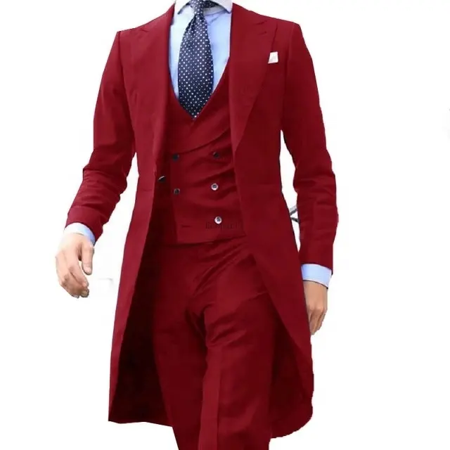 2022 New Arrival Long Coat Design Chinês Homens Vermelhos Suave Masculino Smoking Prom Blazer Traje 3 Peças (Jacket + Vest + Pants)