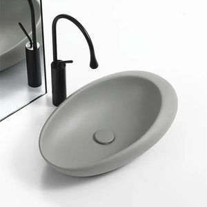 Modern Shallow Oval Concrete Washbasin Smooth Grey Cement Vessel Sink Above Counter Bathroom Lavabo Vietnam Manufacturer - Product Image 1