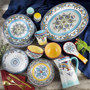 Service de table Euro Ceramics Collection Zanzibar, motif joyeux et porte-bonheur, style bohème durable, pour cuisine, salle à manger, restaurant - Product Image 1