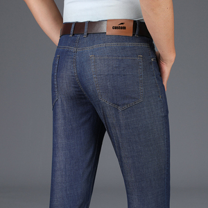 Custom <strong>Men's</strong> Business Casual High Pants Light Blue Vintage Softener Straight Knitted Foil Print Elastic <strong>Jeans</strong> for Office <strong>Worker</strong> - Product Image 5