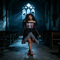 Costume de mariée zombie squelette sanglant pour femme, ensemble de déguisement d'Halloween avec voile