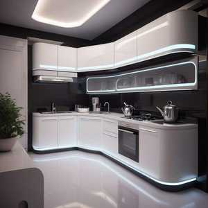 Cocina Modular Curva Blanca Futurista con Iluminación LED y Acabado Brillante - Product Image 1