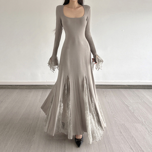 French elegant lace inset spliced square neck flared sleeve <b>dress</b> socialite temperament fashion slim gentle long <b>dress</b> - Product Image 1