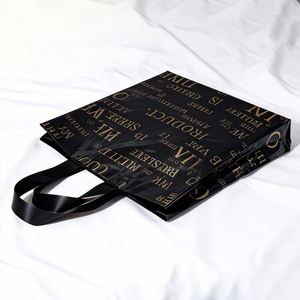 Glossy Black Gold Letter Print PE <b>Plastic</b> Tote <b>Bag</b> Shopping Carry <b>Bag</b> <b>for</b> Clothing Boutique Garment <b>Packaging</b> - Product Image 3