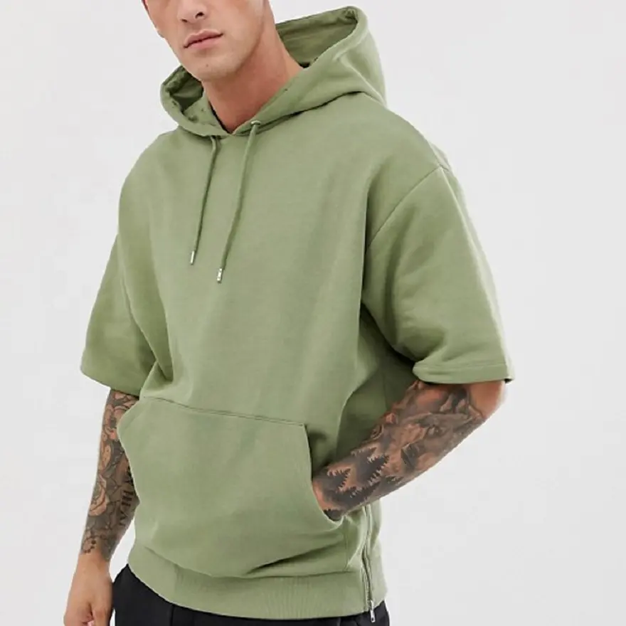 Custom fashion plain private label french terry Oversized Sweatshirt Mens short sleeve sports hoodie