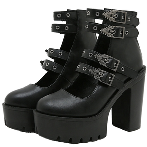 Botas de Plataforma con Tacón Grueso y Hebilla Metálica, Estilo Gótico, Color Negro, Otoño, con Logotipo Personalizado, para Mujer - Product Image 1
