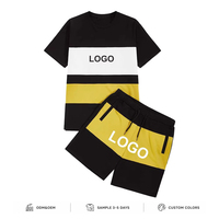 Ensemble T-shirt et short gaufré color block pour homme – Style streetwear estival 100 % coton avec logo personnalisé sérigraphié – Deux pièces décontractées