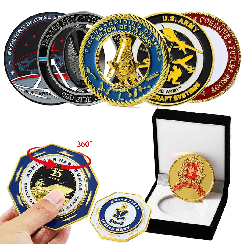 No Moq Engraving Die Stamping Metal Crafts Coin 360 Degrees Spinner Conmemorative Coin Metal Enamel 3D 2d Rotating Coin with Box