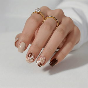 Faux ongles vintage <span class=keywords><strong>marron</strong></span> et nude à motifs floraux, courts, carrés et brillants pour le printemps et la <span class=keywords><strong>manucure</strong></span> quotidienne - Product Image 1