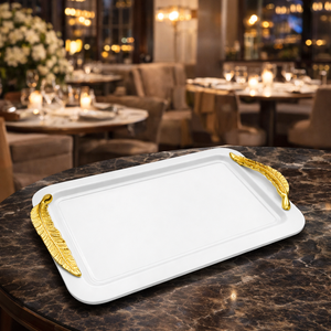 Bandeja de acero plateado con asa de hoja para hotel de lujo, bandeja de servicio estilo antiguo - Product Image 4