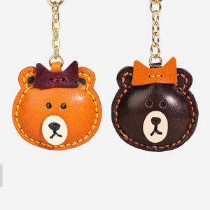 Cartoon Bear <b>Leather</b> Bag Charm Hand-stitched Vegetable Tanned Top Layer Cowhide <b>Keychain</b> Genuine <b>Leather</b> Car Hanging Ornament - Product Image 2
