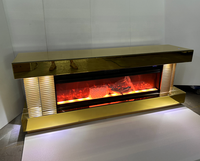 Guanlong Glam Delux Or MDF Meuble TV à miroir en bois Meuble TV avec décor de cheminée Flammes multicolores et haut-parleur à dents bleues