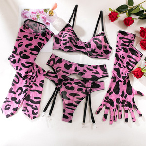 Sexy lingerie luipaardprint roze sexy bh handschoenen beenkousen set voor dames bodystocking lingerie - Product Image 6