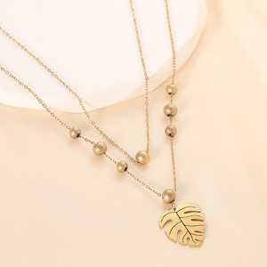 Collar de doble capa con forma de hoja de corazón, chapado en oro de 14 quilates, cadena de acero inoxidable para clavícula, para mujer, regalo diario, joyería. - Product Image 3