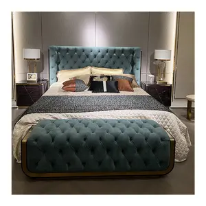 High Quality Modern Luxury Velvet Fabric High Heads Wooden Frame King Queen Size Bed With Storage Box Furniture Cheap Beds