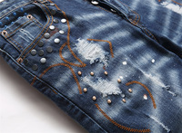 Celana Jeans Denim Pria Biru Lurus Pinggang Sedang, Model Ripped Bordir Tengkorak Huruf, 100% Katun, Gaya Hip Hop, Fashion High Street