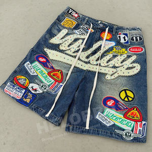 Patchwork de broderie personnalisée vieilli Vintage déchiré jambe droite hommes taille moyenne lavage foncé sueur Denim Jeans Shorts - Product Image 4