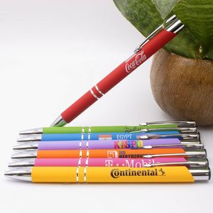 Soft <b>Rubber</b> <b>Matte</b> Coated Click Ballpoint Pen With Double Silver Chrome Rings, Multi Bright Color Retractable Advertising Pen - Product Image 1