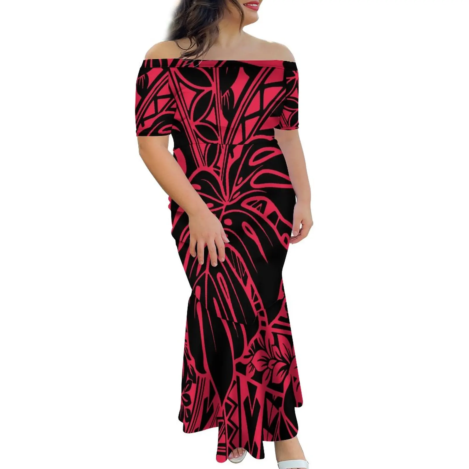 אדום גדול אנשים מותאם אישית על ביקוש חצי כתף Fishtail שמלת Tongan סגנון פולינזי פסיפיק איילנד אמנות אחת כתף שמלה