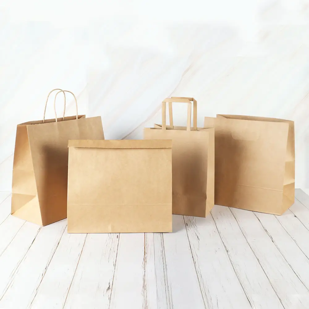 Bolsa de compras con mango de papel Kraft, embalaje de comestibles impreso con logotipo personalizado, artesanal, impresión de huecograbado marrón, Express Zz