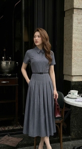 Robe midi bleu-gris pour femme, manches courtes, col chemise, tenue de bureau, ceinture à la taille, plissée, coupe trapèze, vente en gros, direct usine - Product Image 2