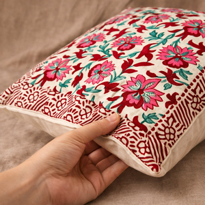 Hand Block Print Cotton Cushion Cover 16x16 Inch – Floral Traditional Design <b>Decorative</b> <b>Pillow</b> Cover - Product Image 4