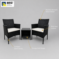 Ensemble de meubles de patio extérieur 3 pièces en rotin PE noir, 2 fauteuils, table d'appoint carrée avec plateau en verre