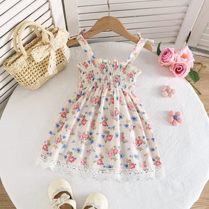Vestido de Verano para Niña con Estampado Floral, Cintura Fruncida, Dobladillo de Encaje, Estilo Princesa - Product Image 1